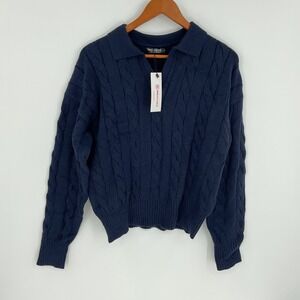 URBAN COCO Navy‎ Blue Cable Knit Collared Polo Sweater womens Size L